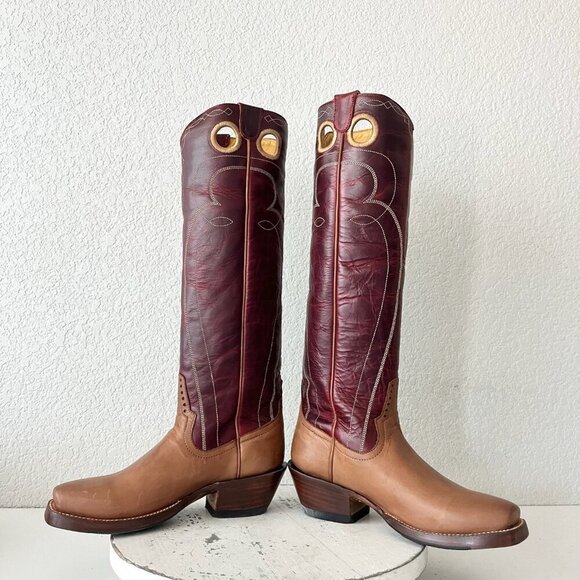 Rod Patrick Womens Knee High Cowboy Boots 6B Brown Red Cowgirl Western Blunt Toe - Picture 7 of 10